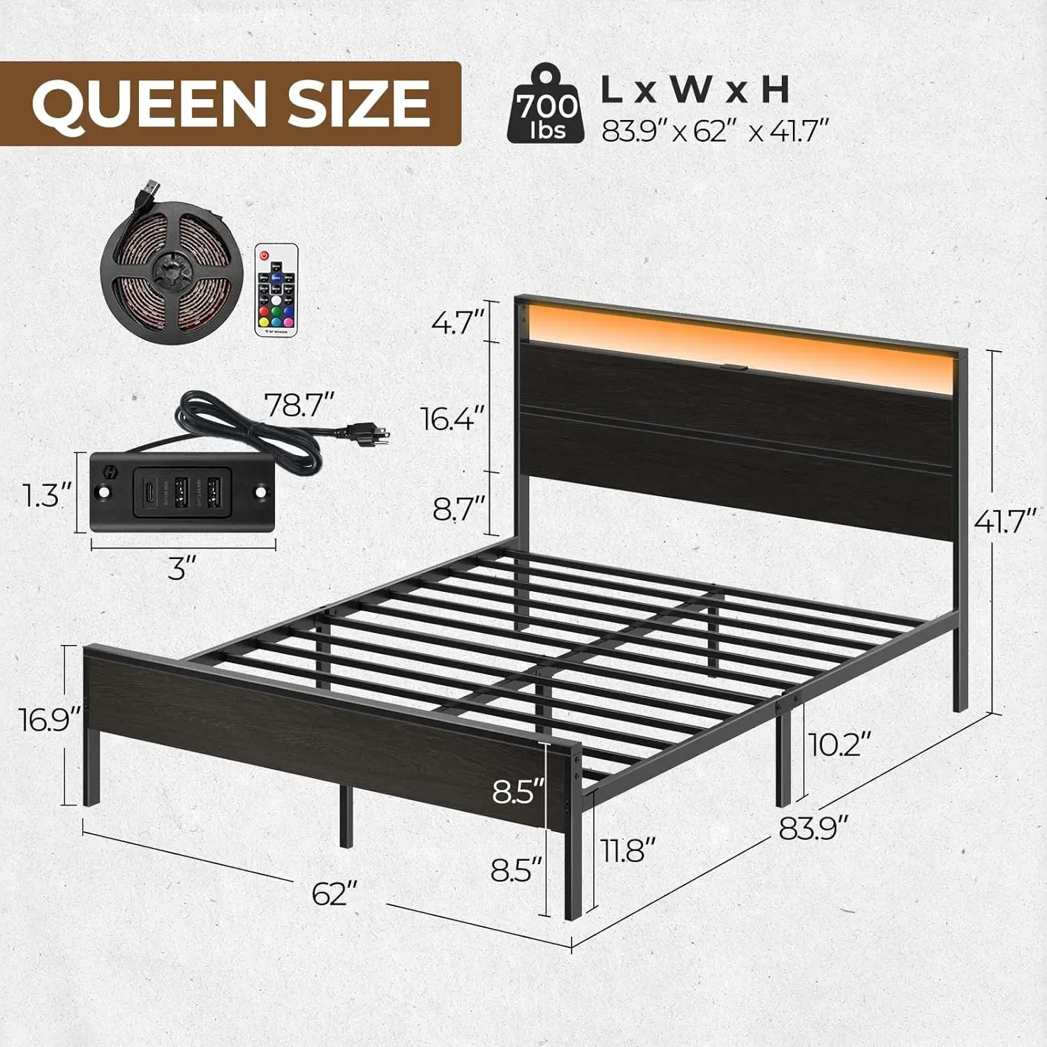 Bed Frame w/ Charging Station, Queen Bed w/ LED Lights Headboard,Strong Metal Slats Support, 10.2” Under Bed Storage Clearance