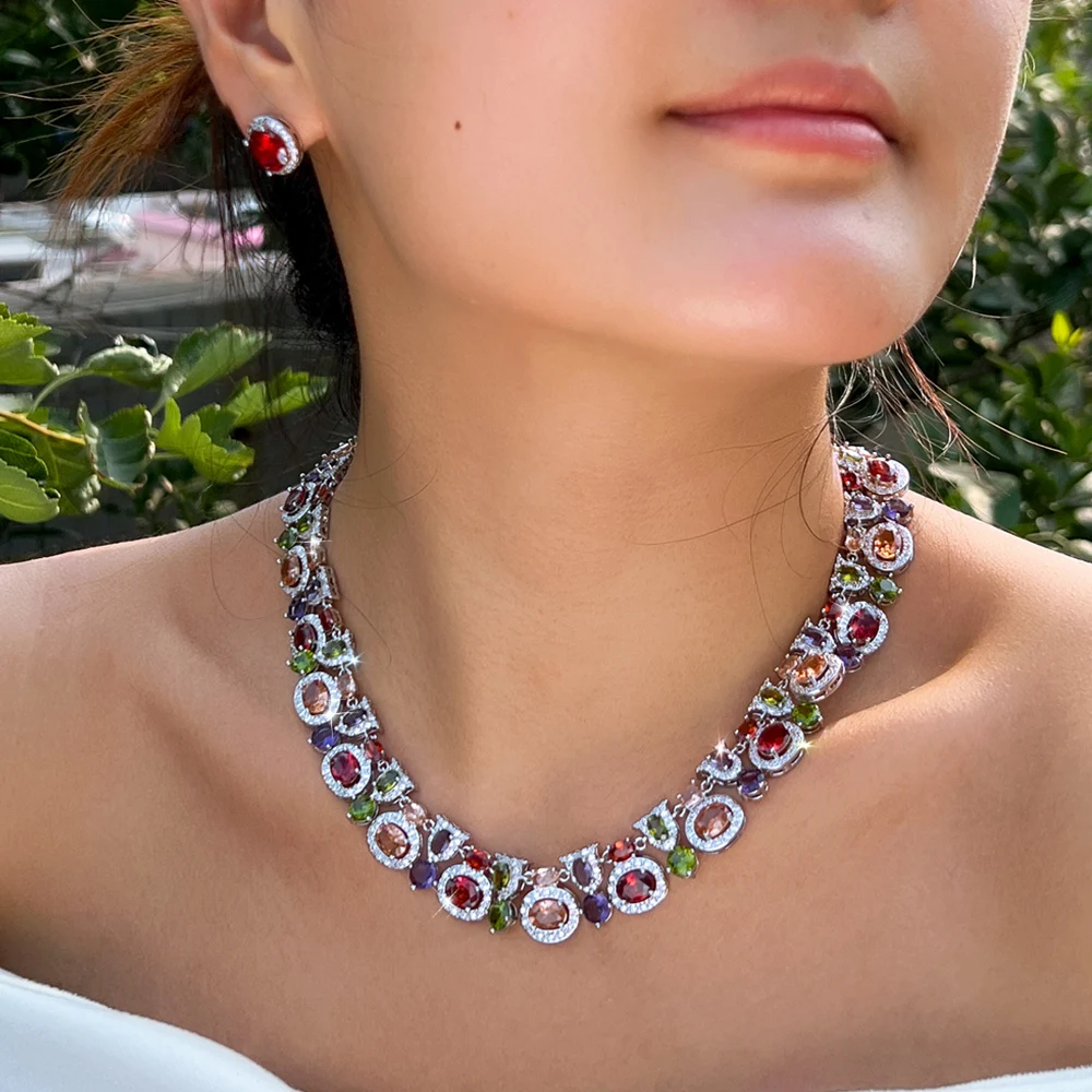 CWWZircons Luxuriöses Geometrisches Mehrfarbiges Zirkon-Ohrringe-Halsketten-Set für Frauen Boho Party Hochzeit Kostümschmuck Großhandel T0983 – Detail 6