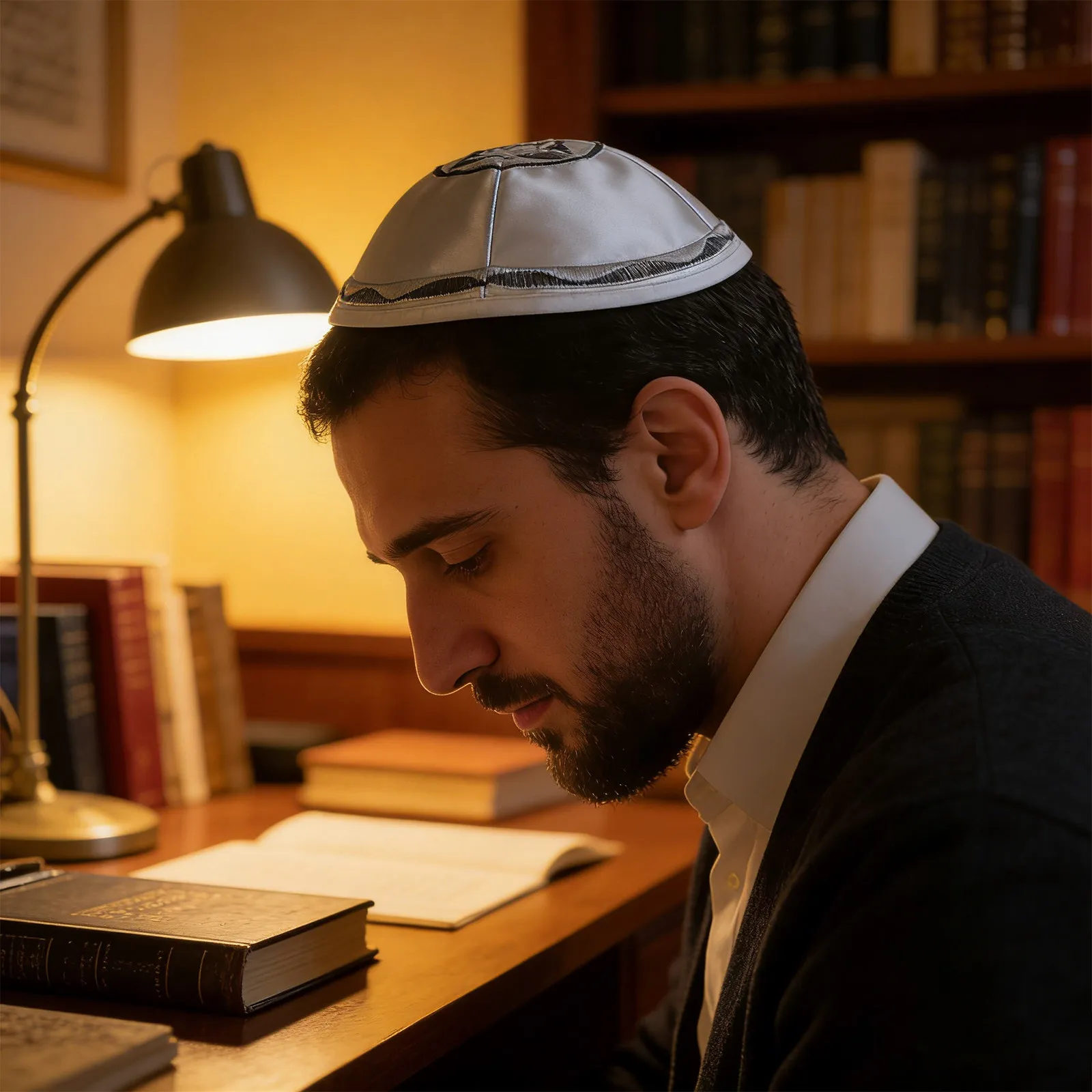 

White Embroidered Star of David Kippah for Men Boys Traditional Jewish Skullcap Satin Prayer Hat for Bar Mitzvah Shabbat