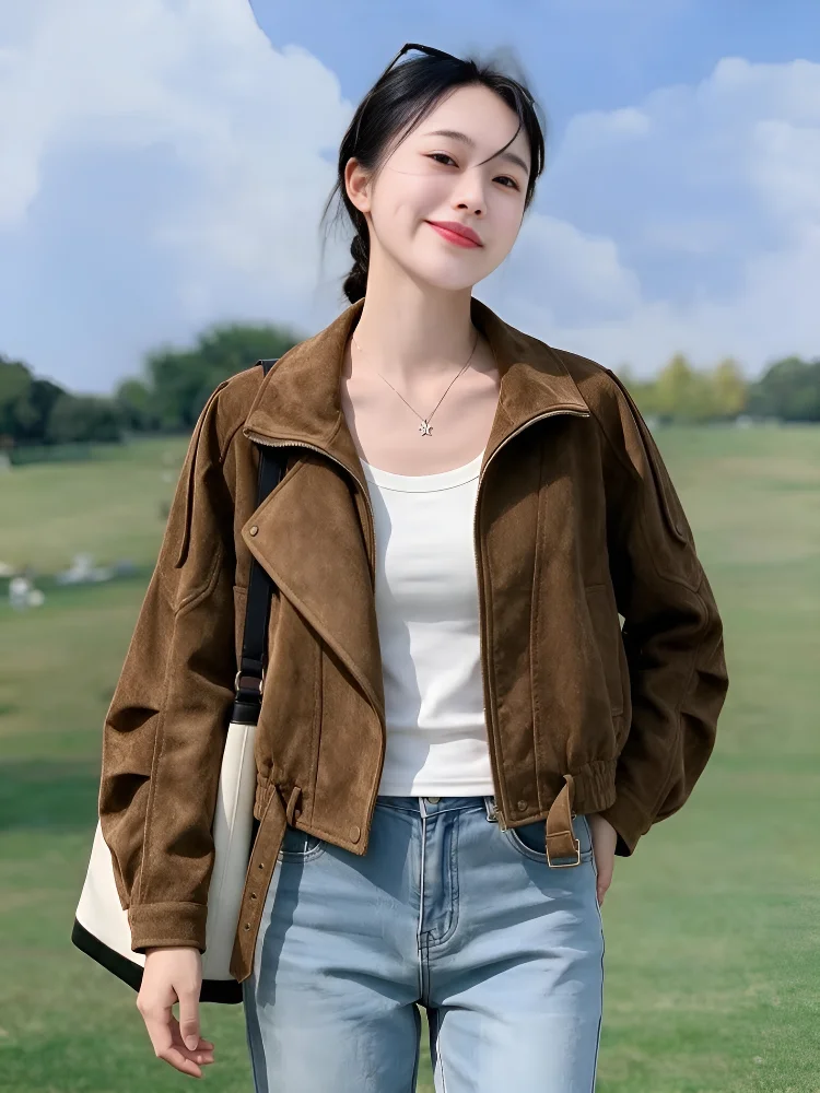 Retro Biker Short Jacket Women's Zipper Collar Cool Autumn 2026 New Small Size Trendy Polyester Fiber Long Sleeve Coat