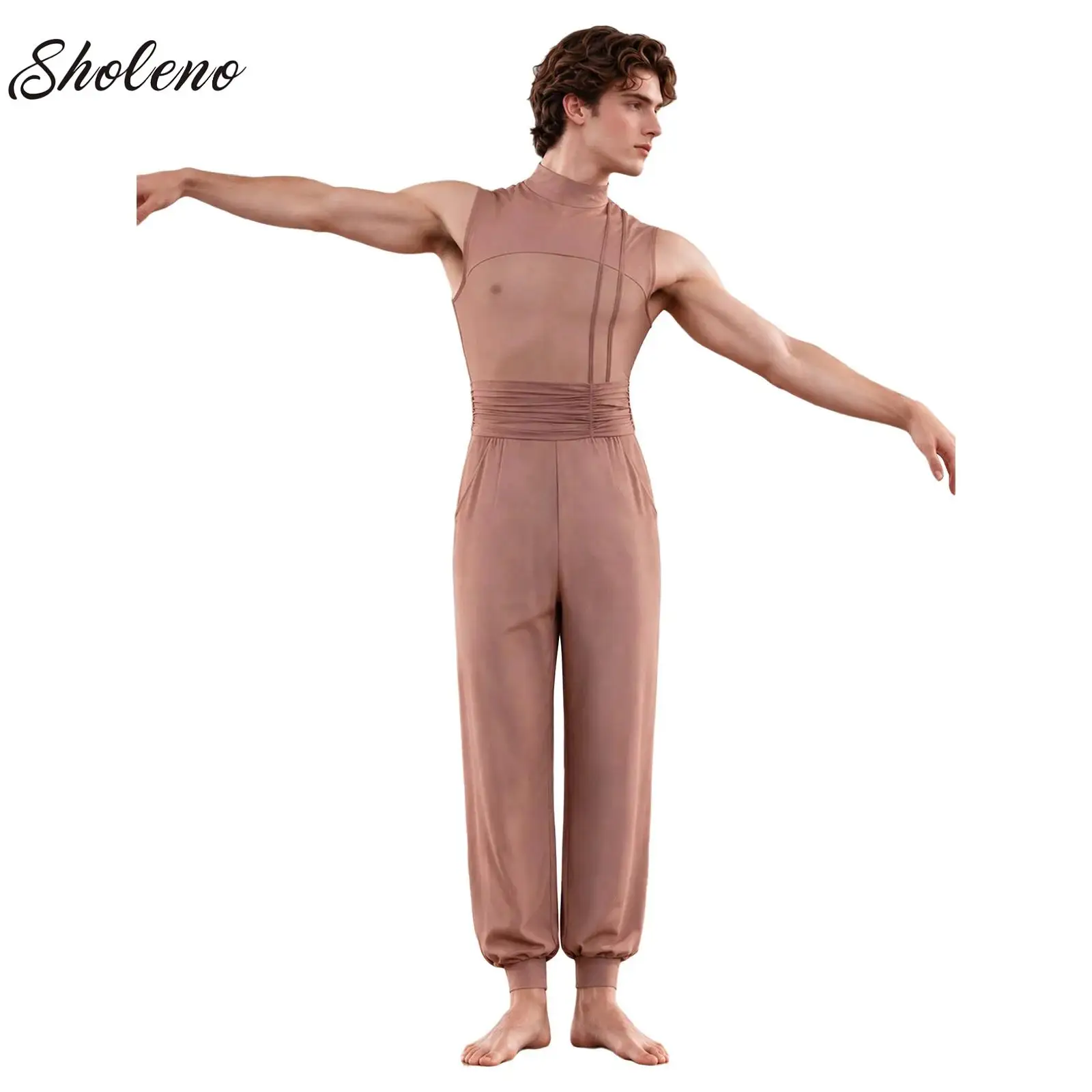 Mens Latin Unitard Ballet Lyrical Dance Jumpsuit Sleeveless Mesh Contemporary Performance Costume Adult Sheer Mesh Dancewear
