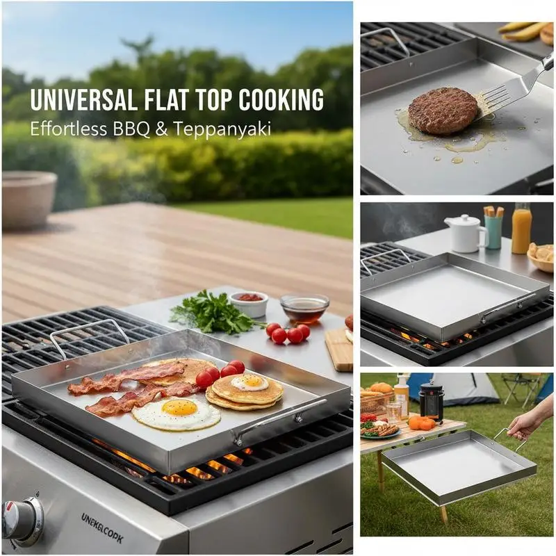 Universal Flat Top Griddle 18x16 Inch For Camping Tailgating Party, Rectangular Hot Plate Family Cookware Built-in Handles Gas Grill Attachment Teppanyaki Surface Outdoor Cooking Pan view 2