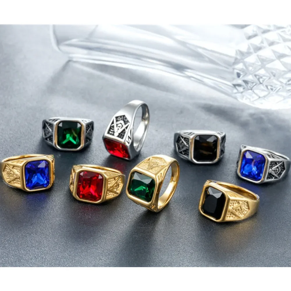 

European and American Personalized Vintage Fashion Punk Gem Freemason Men's Stainless Steel Rings Sizes 7-13