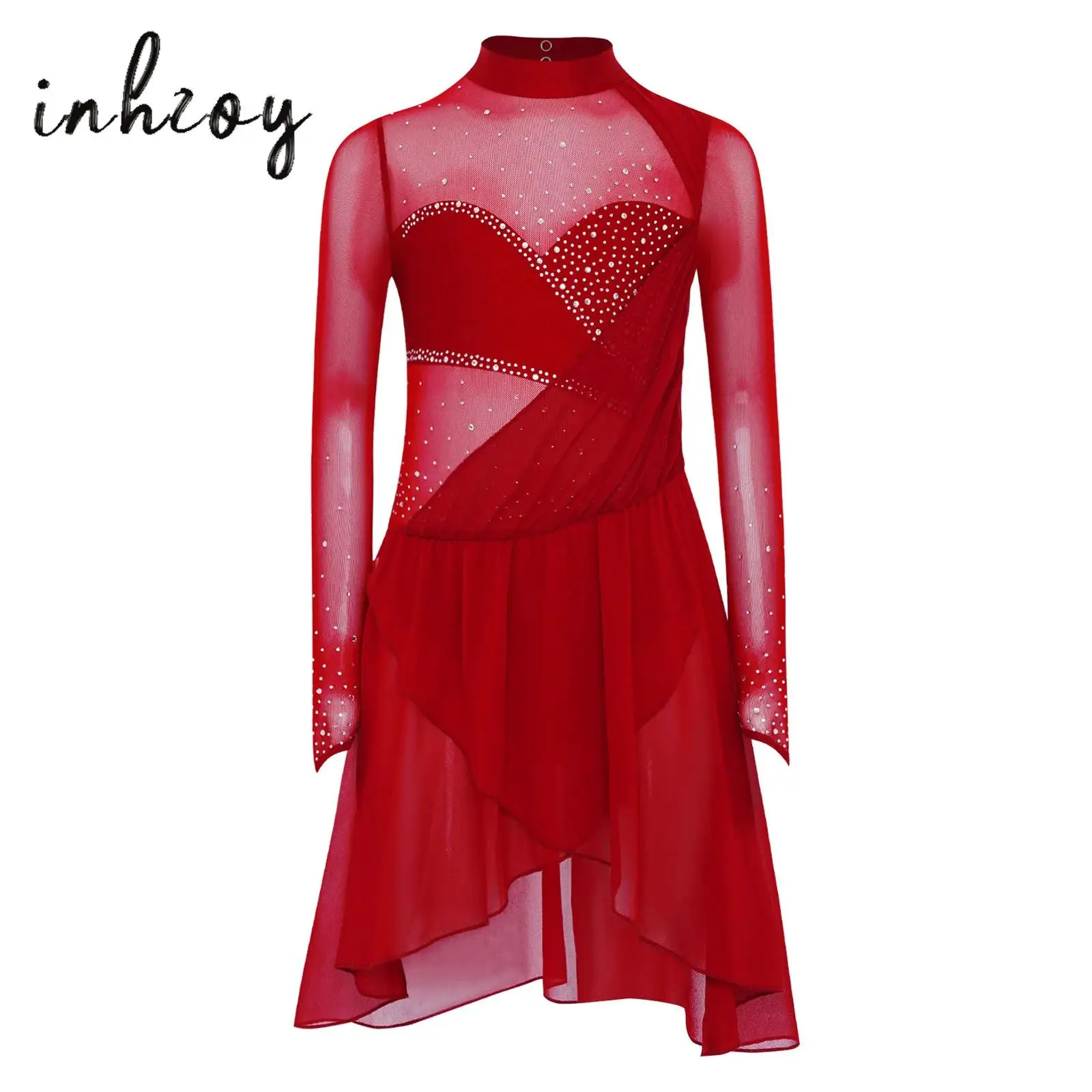 

Girls Figure Skating Dance Dresses Sheer Mesh Long Sleeves Shiny Rhinestones Irregular Hem Jazz Dance Dress with Built-in Briefs