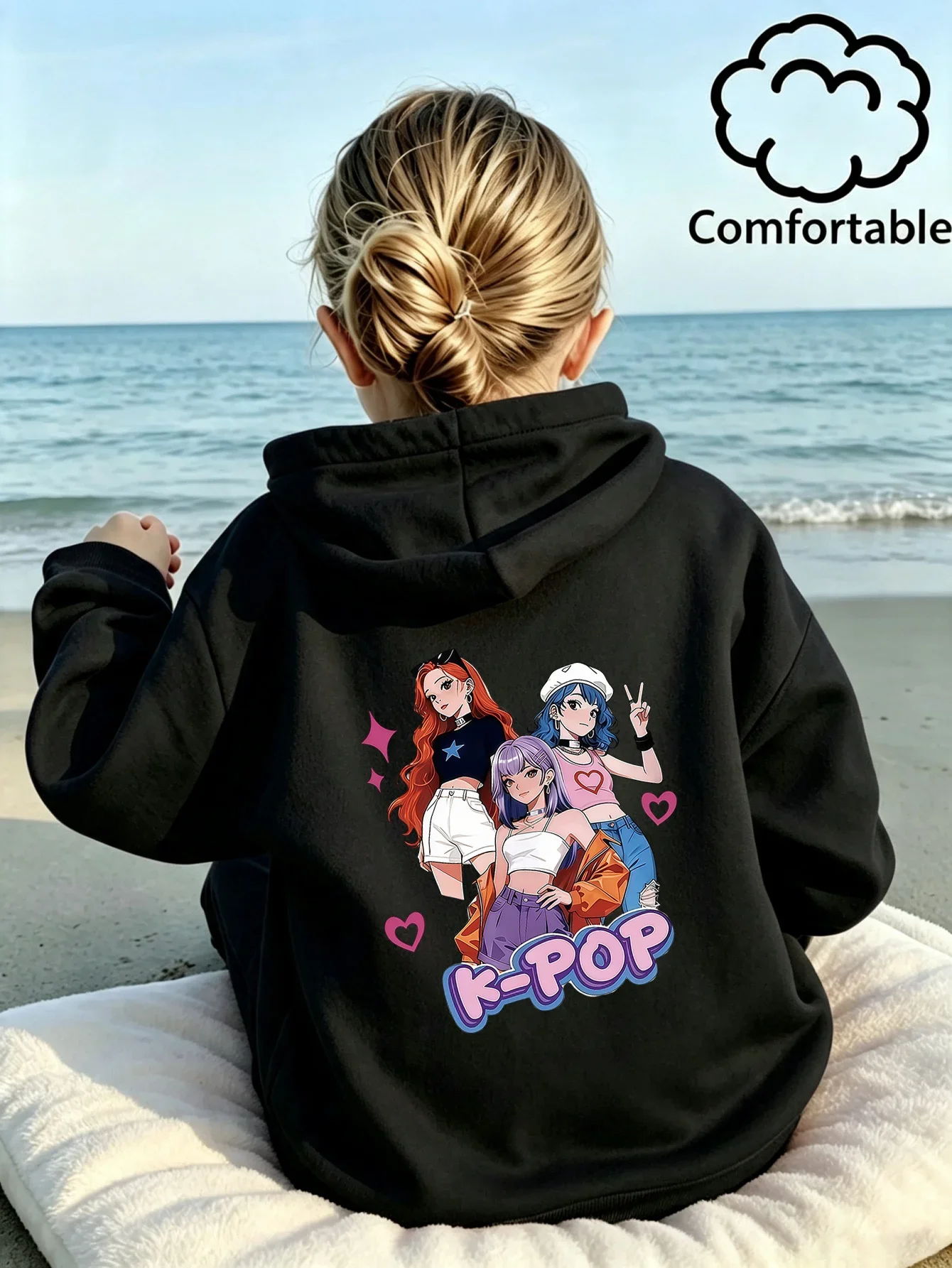 Cute K-Pop Anime Graphic Hoodies for Teen Girls Grey Printed Sweatshirt Korean Fashion Idol Birthday Present School Hooded Tops