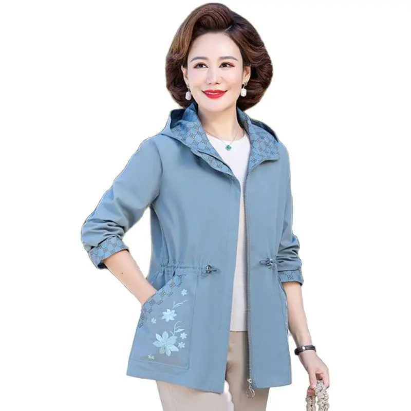 

Middleaged And Elderly Spring And Autumn Loose Coat Women Casual Hooded Windbreaker Fashion Mother Slim Print Upper Garment Wome