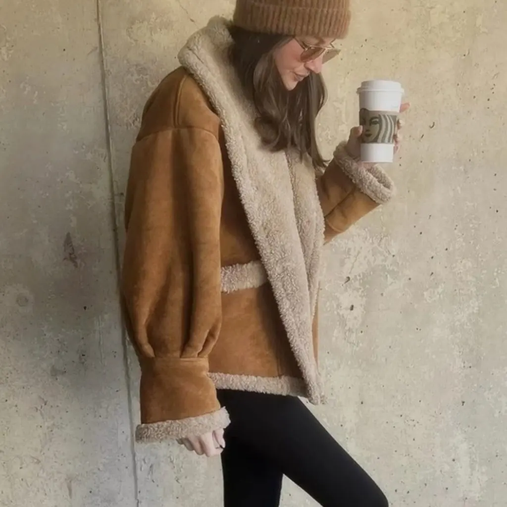 

Winter Women's Thickened Suede Lamb Wool Jacket American Retro Lapel Three-Button Fur Trimmed One-Piece Cotton Outwear