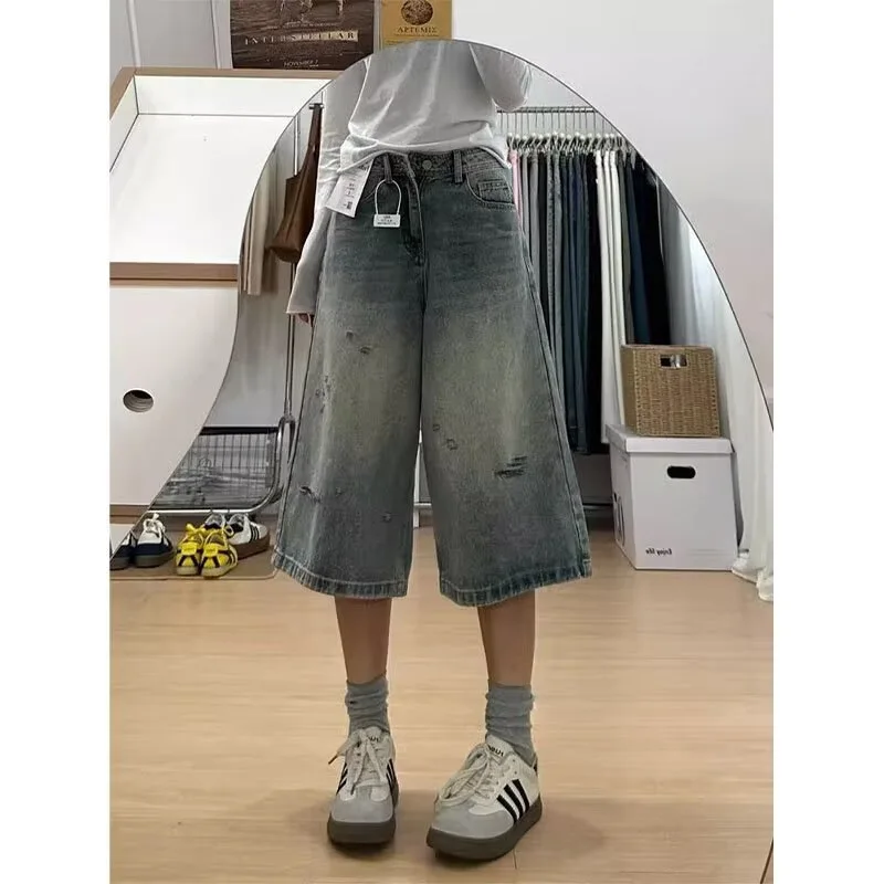 

Women's Light Blue Distressed Denim Culottes, High Waist Wide Leg Cropped Jeans, Casual Loose Fit Summer Shorts