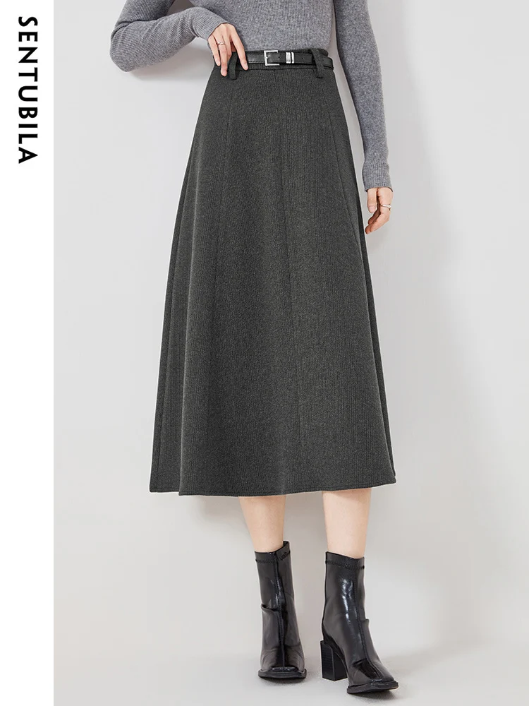 SENTUBILA Winter Office Ladies Woolen Midi Skirts for Women 2024 Autumn New Business Loose Knitted A-Line Skirt Female 134Q52479