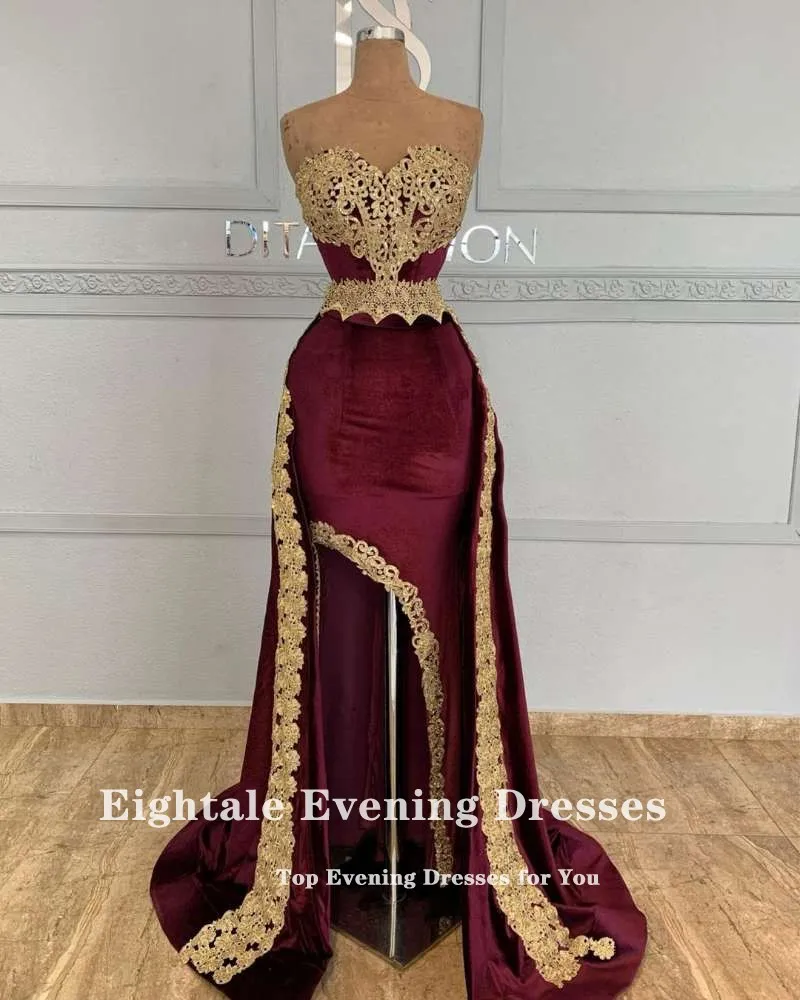 Eightale Caftan Marocain de mariag Evening Dress Burgundy Gold Lace Appliques Prom Gown Velvet Customized Mermaid Party Dress