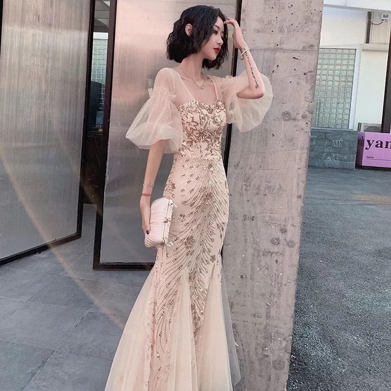 

Champagne color 87 evening dress female 2024 new high-end banquet temperament lady fishtail skirt high-end feeling