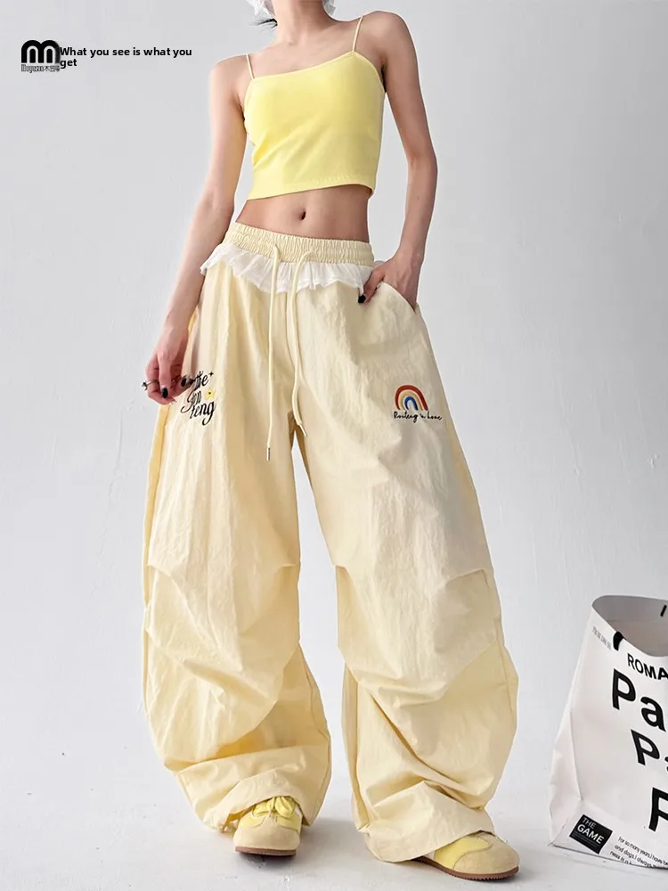 

American Retro Patchwork Wide Leg Pants Casual Sports Women's Sle Korean System Summer New Loose Fit Trousers