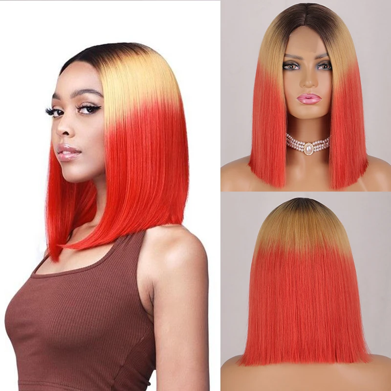 Ombre Red Bob Wig for Women Short Straight Middle Part Wigs Cosplay Party Synthetic Heat Resistant Fake Hair Shoulder Length Wig