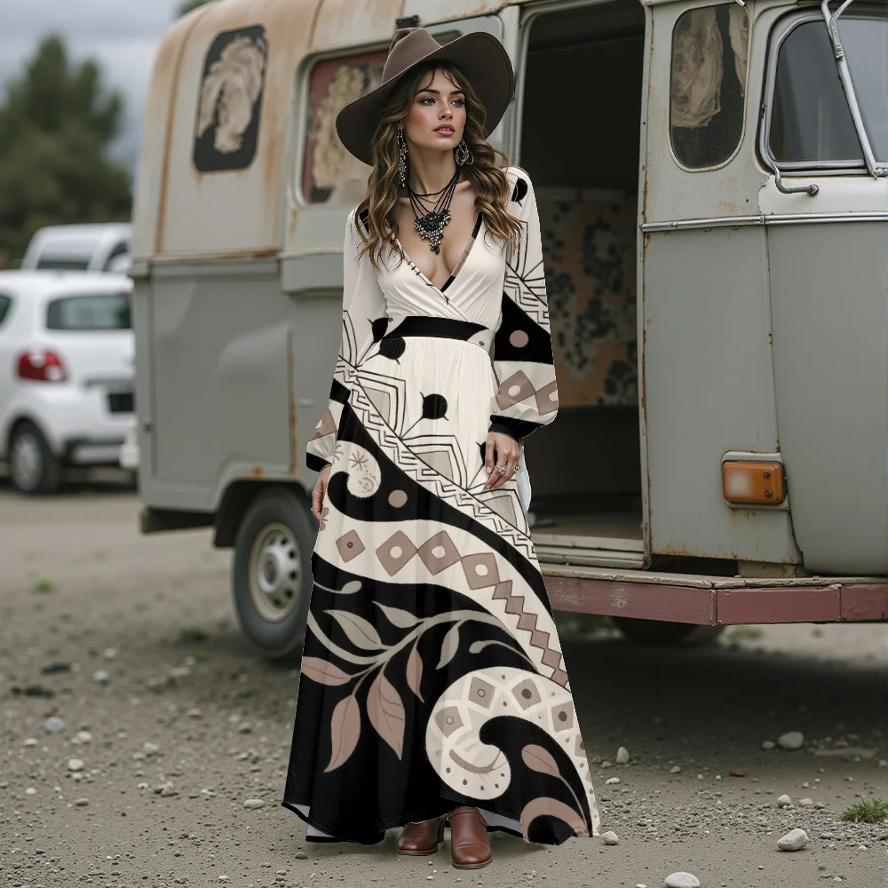 Sukienka maxi w stylu boho z kwiatowym wzorem hibiskusa, damska sukienka długa z głębokim dekoltem w serek, szyfonowa, z bufiastymi rękawami, zwiewna sukienka plażowa dla gościa weselnego.