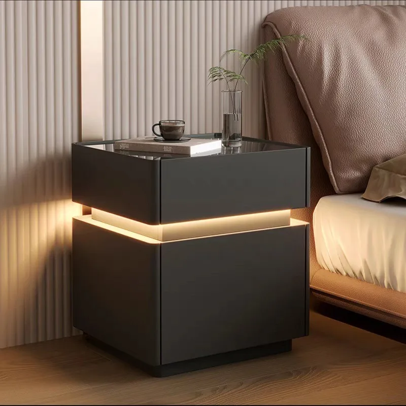 Smart wooden bedside table with sensor light, USB wireless charging, fingerprint lock, small hidden drawer, suitable for living