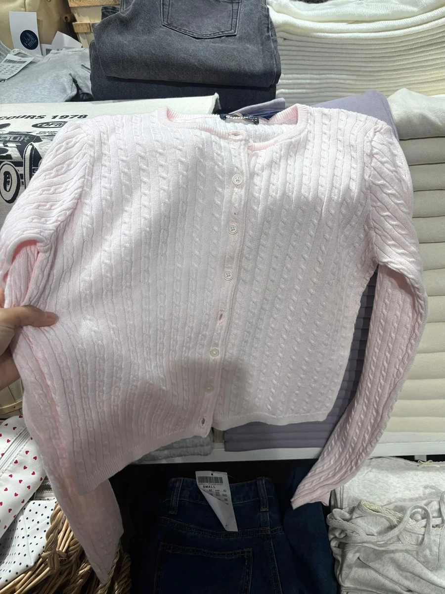 Twist Flower Baby Pink Sweater Cardigan Woman Autumn O-neck Single Breasted Long Sleeve Crop Top Cotton Sweet Cute Knitwear Tops