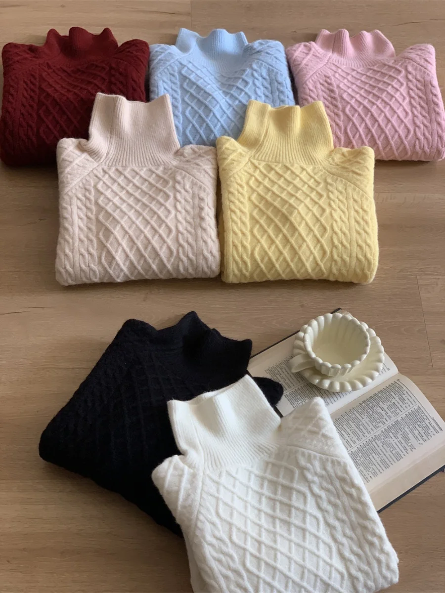 芸術的なルーズフィット、ハイネック、ソフトでピュアなカラーのセーター、秋冬キャンディーカラー、ダイヤモンドツイストニットウェア、若い女性向け