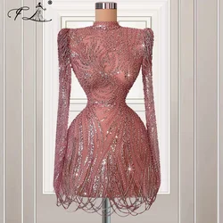 Sexy Pink Cocktail Dresses Women with Long Sleeves Party Dress Sparkly Beadings Short Mini Dress Customized