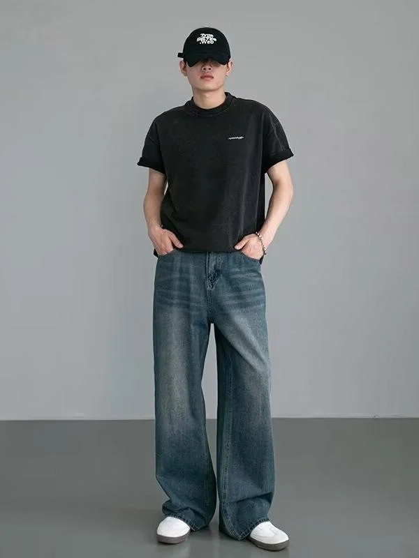 กางเกงยีนส์ผู้ชายสไตล์อเมริกันเรโทร ทรงตรง ขากว้าง ขายาว สำหรับฤดูใบไม้ร่วงและฤดูหนาว รุ่นใหม่ สไตล์ Sle CleanFit ทรงหลวม สบายๆ