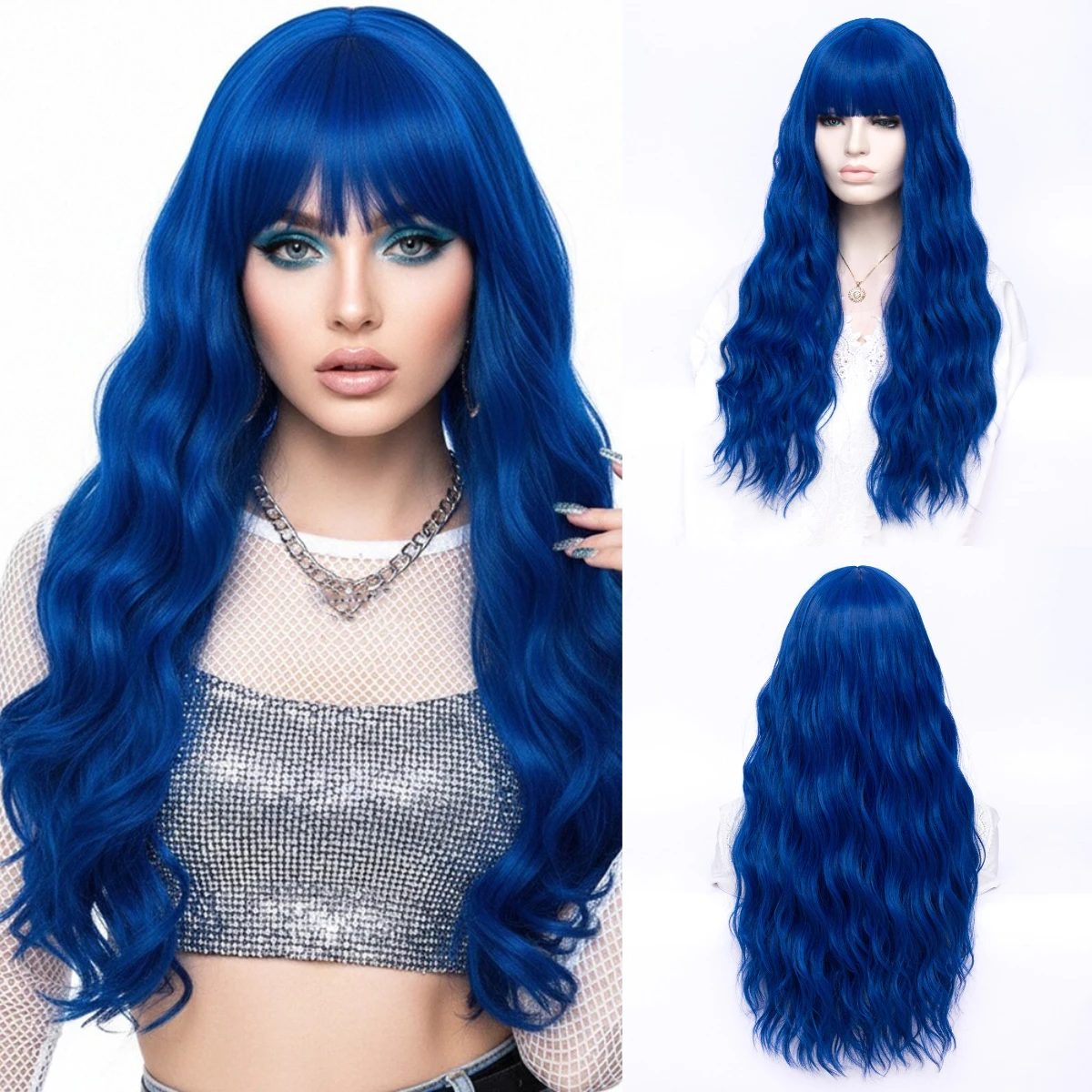 

Cosplay Wig Blue Wavy Wig With Bangs Women's Long Curly Hair Wig Synthetic Wig For Costume Party Heat Resistant