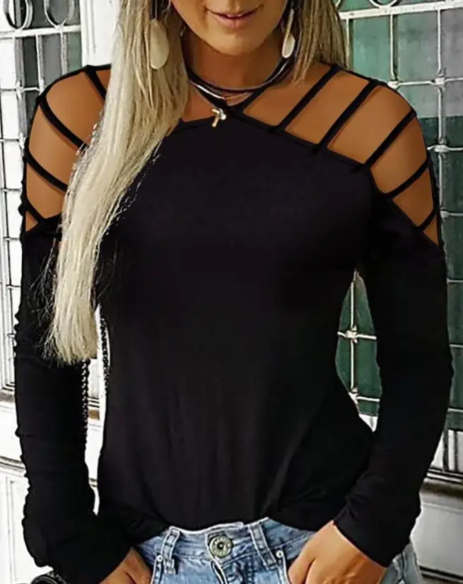 2024 Herbst Frauen einfarbig Rundhals ausschnitt Hohl stufen schneiden Slim Fit Langarm Casual Top