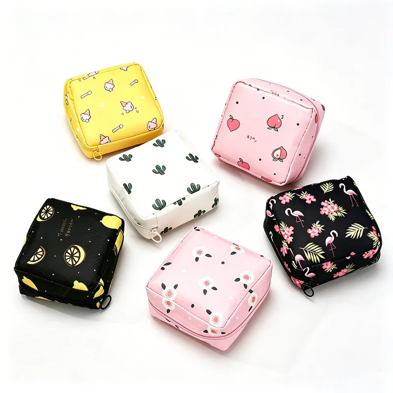 Cute Cartoon Sanitary Pad Pouch for Women Napkin Cosmetic Bags Girls Makeup Bag Physiological Period Tampon Mini Storage Bag