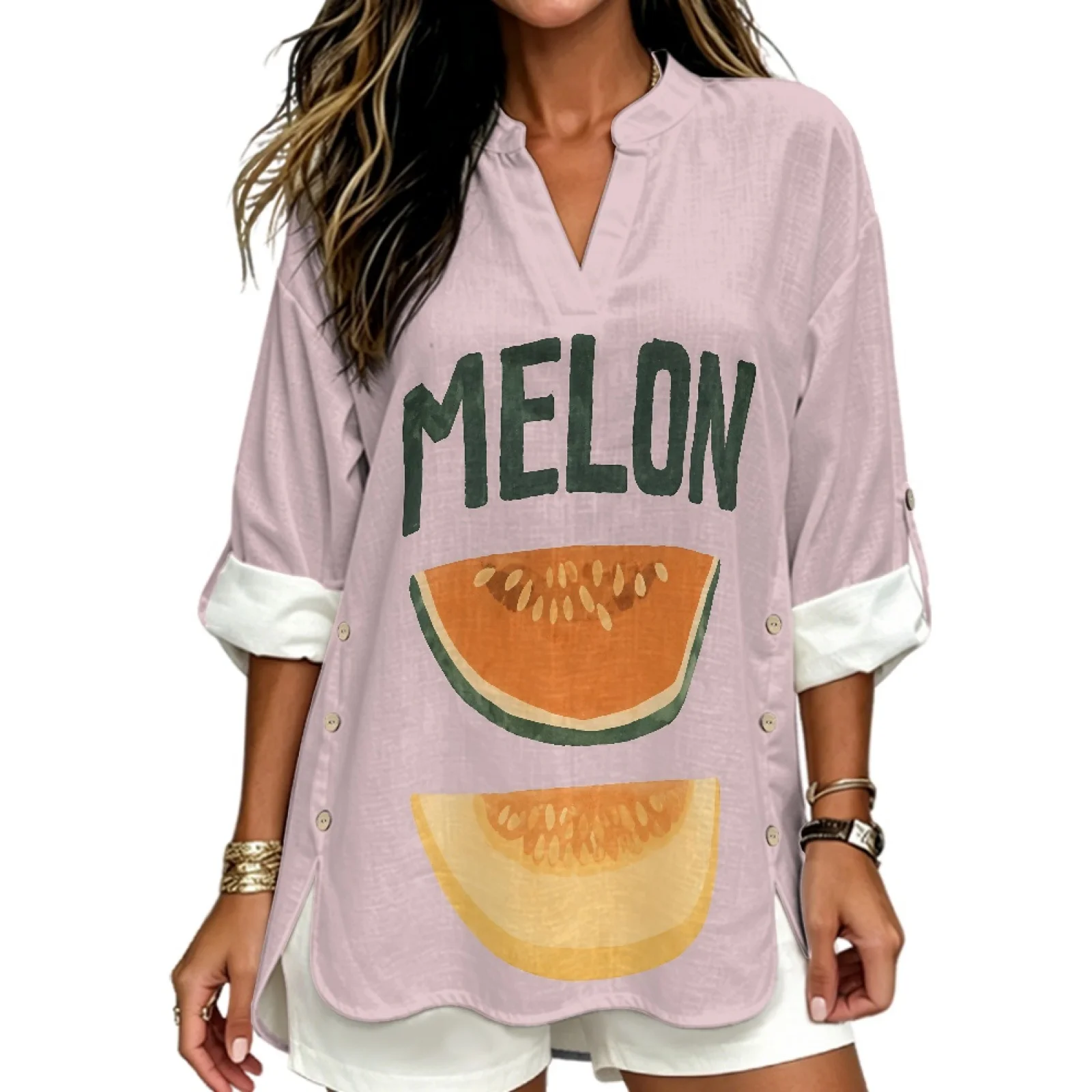 INSTANTARTS-Camiseta de lino de color liso con cuello en V para mujer, camisetas de manga corta, ropa de talla grande para mujer, Blusas, Poleras, otoño