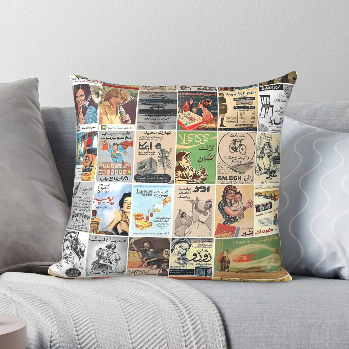 Vintage Arabic Adverts Mosaic Square Pillowcase Polyester Linen Velvet Pattern Zip Decor Home Cushion Case 45x45