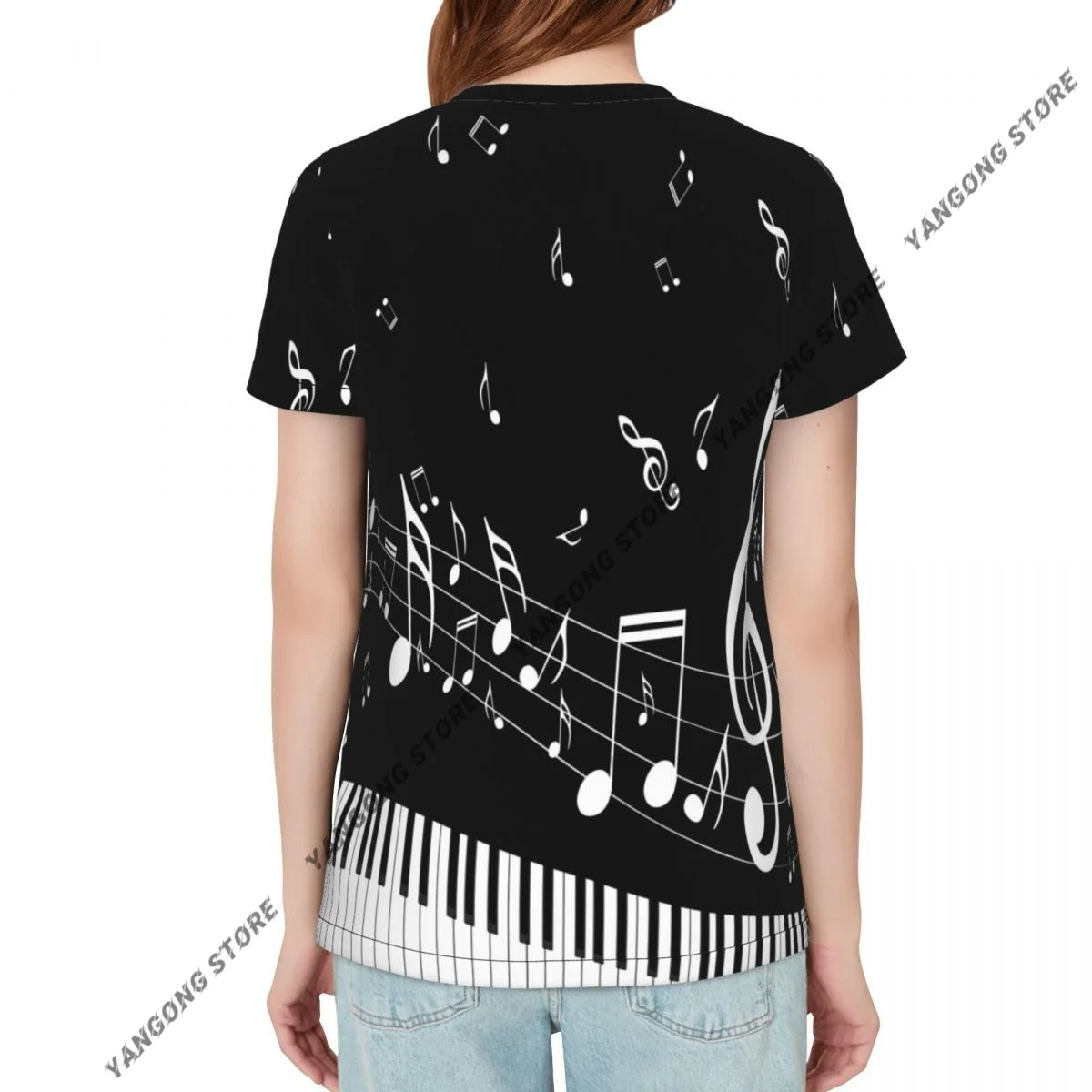 Women Short Sleeve Top Abstract Piano Keys With Musical Notes T-shirt Fashion Summer Female Tops Loose Round Neck T Shirt