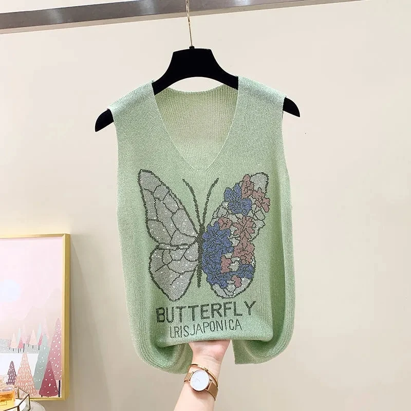 Loose Thin Hot Diamond Ice Silk Vest for Women Summer Large Butterfly Sleeveless Bottomed Shirt Korean Tank Tops