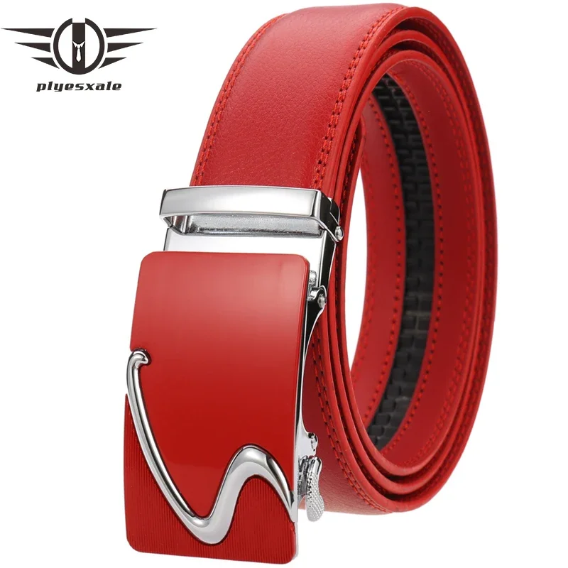 

Plyesxale Mens Business Style Belt Black Red Genuine Leather Strap Male Waistband Automatic Buckle Belts Men Top Quality G1242