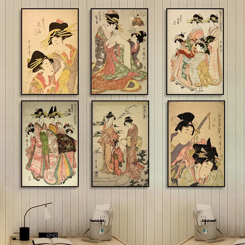 Vintage Japanese Woman Prostitute Canvas Painting Prints Poster Japan Style Wall Art Pictures Retro Dinning Room Wall Decoration