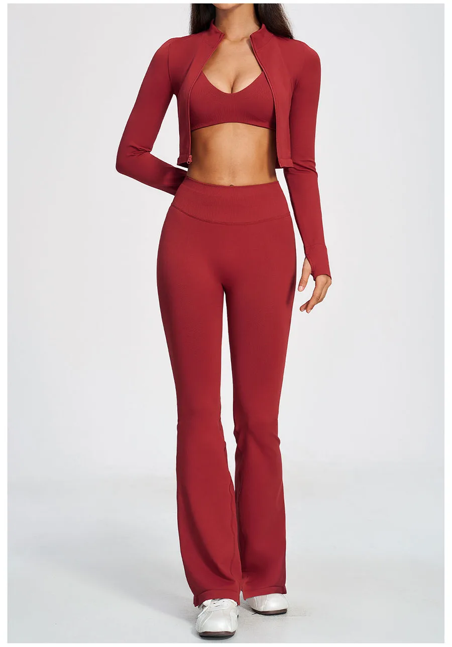 Damen-Trainingsanzug 3-teilig, Yoga-Anzug, nahtloses Sportset, ausgestellte Leggings, Fitness- und Laufoutfit, langärmelige Sportjacke, Yoga-Bekleidung – Detail 7