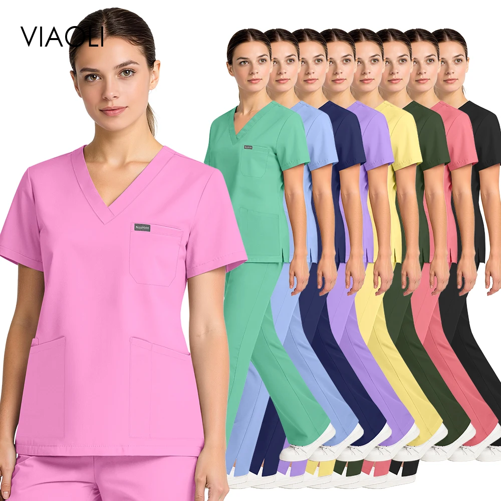 Womens Scrubs Set Soft Stretch Medical Uniforms with Pockets Elastic Waist Bell-bottoms Pants Nurse Doctor Blouse Nurse Workwear