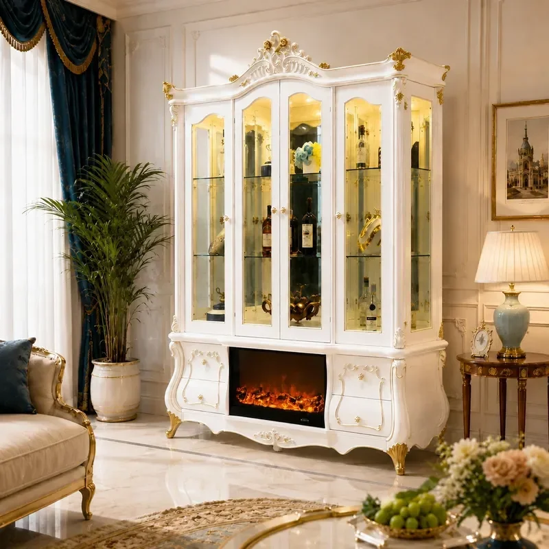 Modern European Glass Wine Cabinet Luxury Fireplace Decorative Display Unit for Living Room Home Wall Storage Showcase