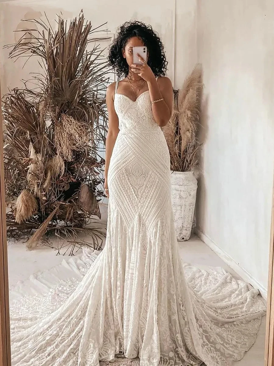 

Bohemia Lace Wedding Dresses Vintage Mermaid For Formal Party Backless Sweetheart Bridal Gown Spaghetti Straps Vestidos De Novia