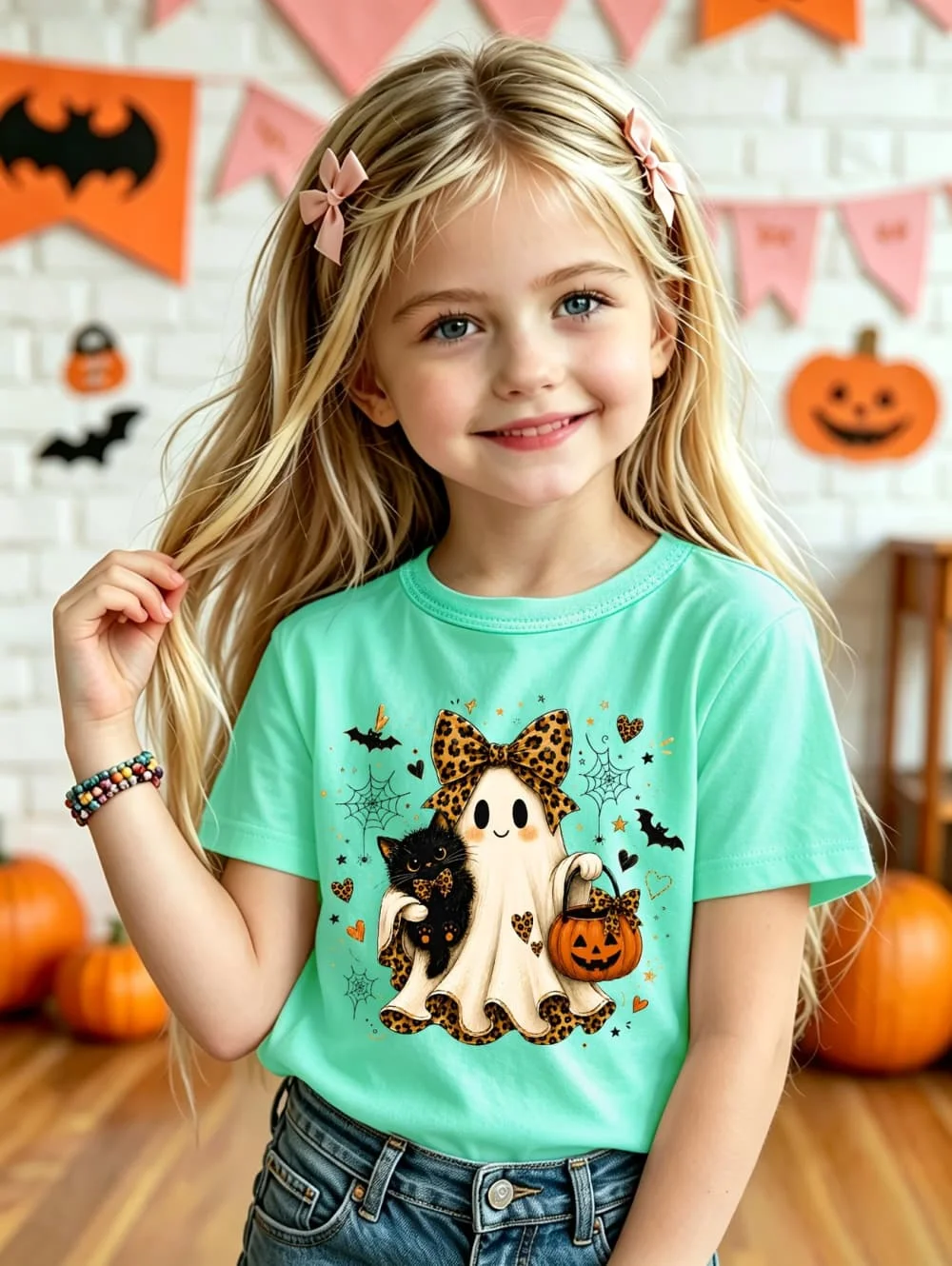 Girls' Short-Sleeve T-Shirt Halloween Cartoon Ghost with Leopard Bow Print Round Neck Tops Casual Holiday Gift for Kids Clothing