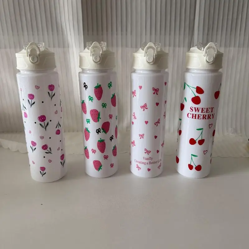 750ML Reusable Drinking Bottle Full Printed Cute Strawberry Bow Flower Fadeless Non-Toxic for Kids Birthday Gift