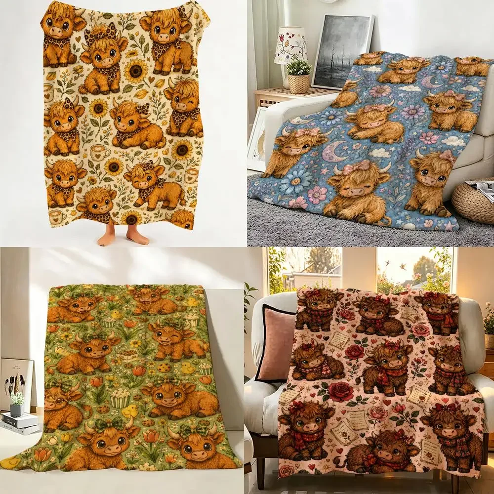 Cute Highland Cow Throw Flannel Throw Blanket Suitable warm for Sofa、Living Room、Bedroom soft