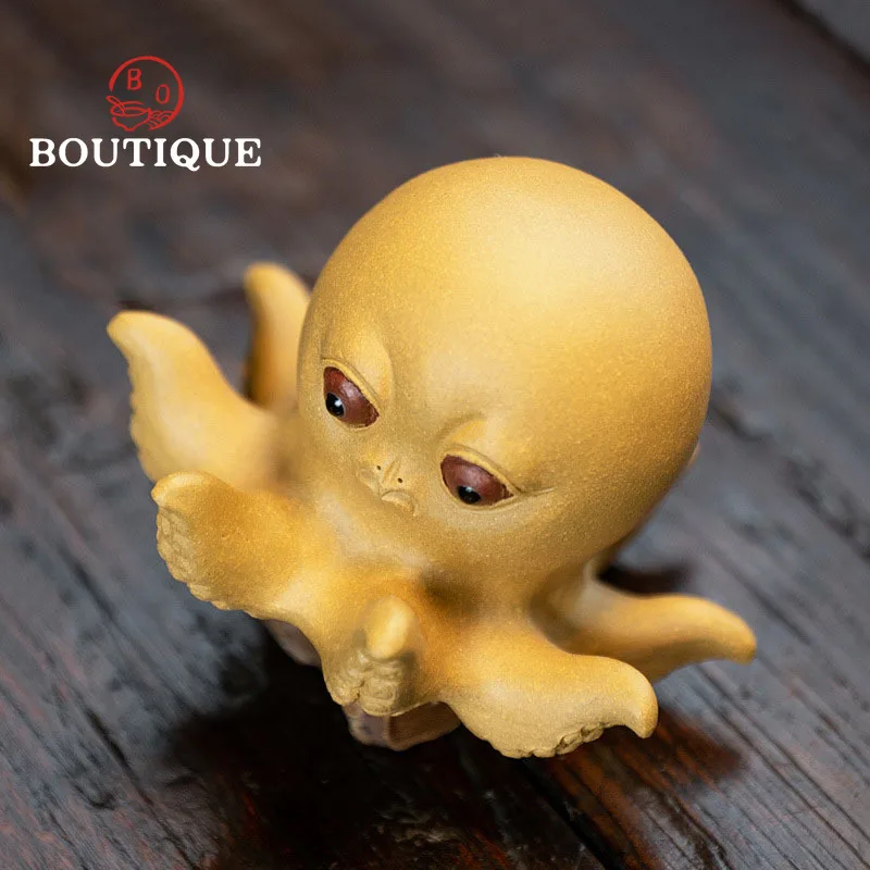 Chinese Yixing Purple Clay Tea Pet Lucky Fortune Octopus Statue Animal Sculpture Ornaments Handmade Lid Stander Decoration Gifts