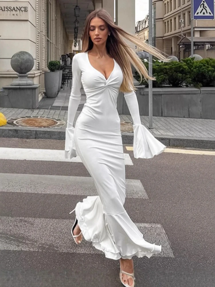 2025 New European Style Dress Pure Color V-Neck Flounce Flared Sleeve Dress Bodycon Mermaid Evening Dress French Inspired