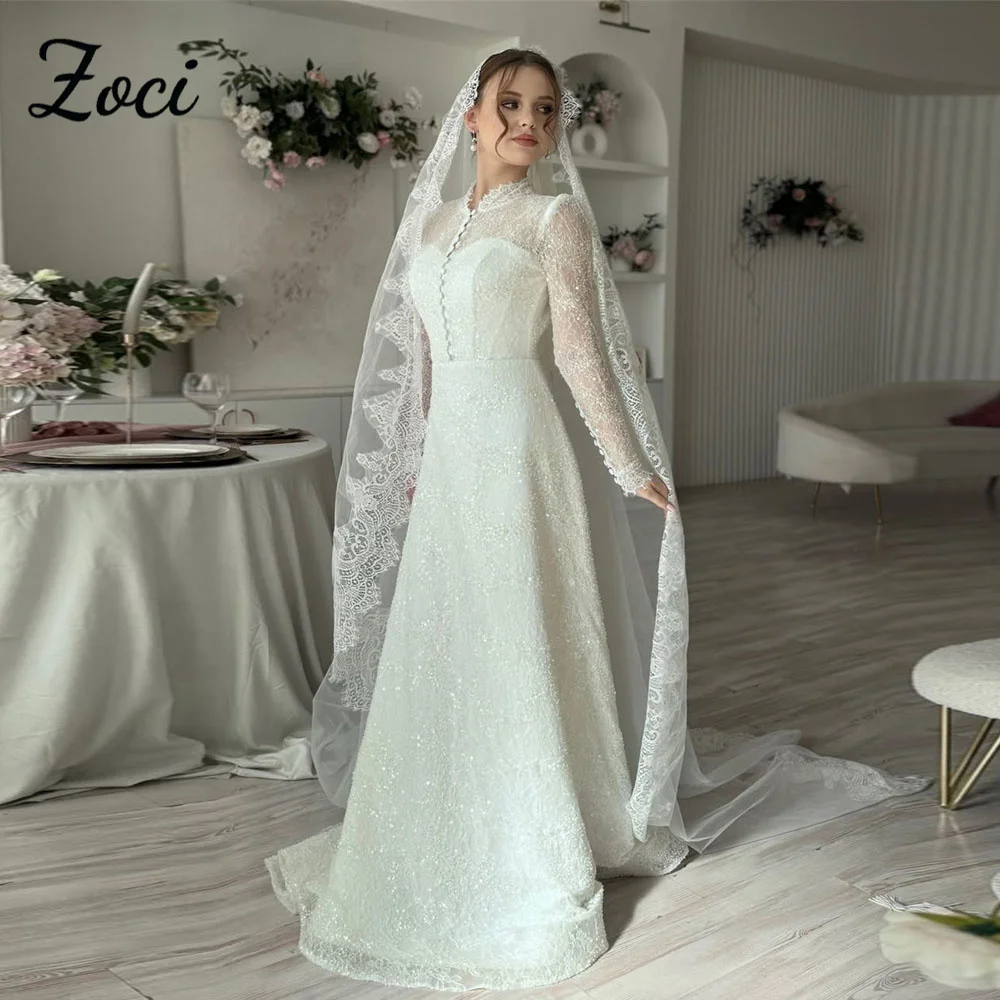 

Zoci Modest Long Sleeve Wedding Dresses Full Lace Sweep Train Bridal Gowns Customized Wedding Dresses Vestido de noiva For Women