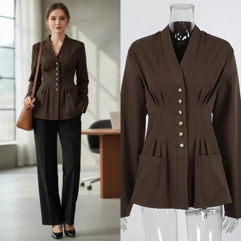 

Women's Fashion V-neck Shirt Brown Long Sleeve With Waist CinchFor Spring Elegant Office Wear Perfect For Casual Daily Outings
