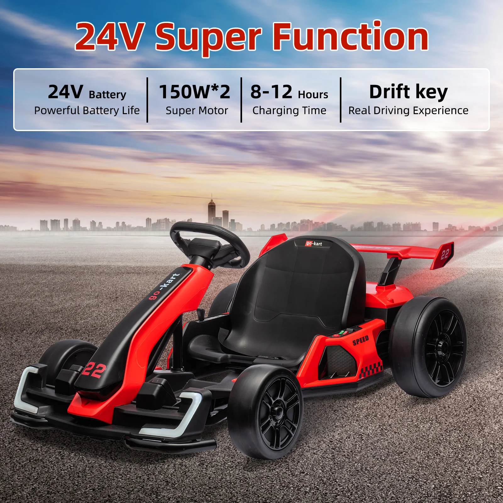 24V Electric Go Kart,300W Powerful Drift Kart for Kids, Electric Pedal Kart,with 300W Strong Motor, Drift/Sport Mode