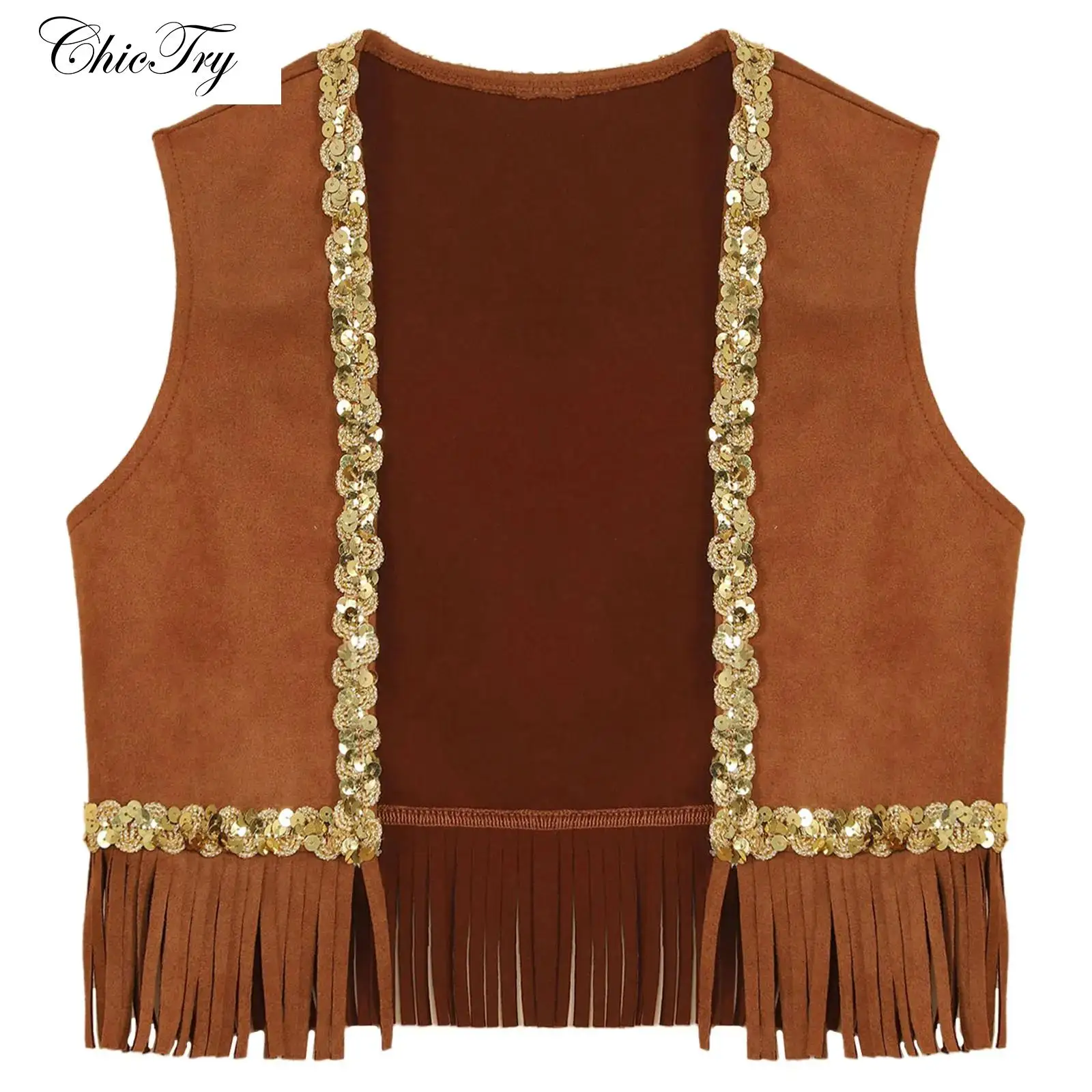 

Детские костюмы для косплея в стиле диско-хиппи 70-х годов для девочек, жилет без рукавов с блестками и бахромой, жилет с открытой передней частью, праздничное платье