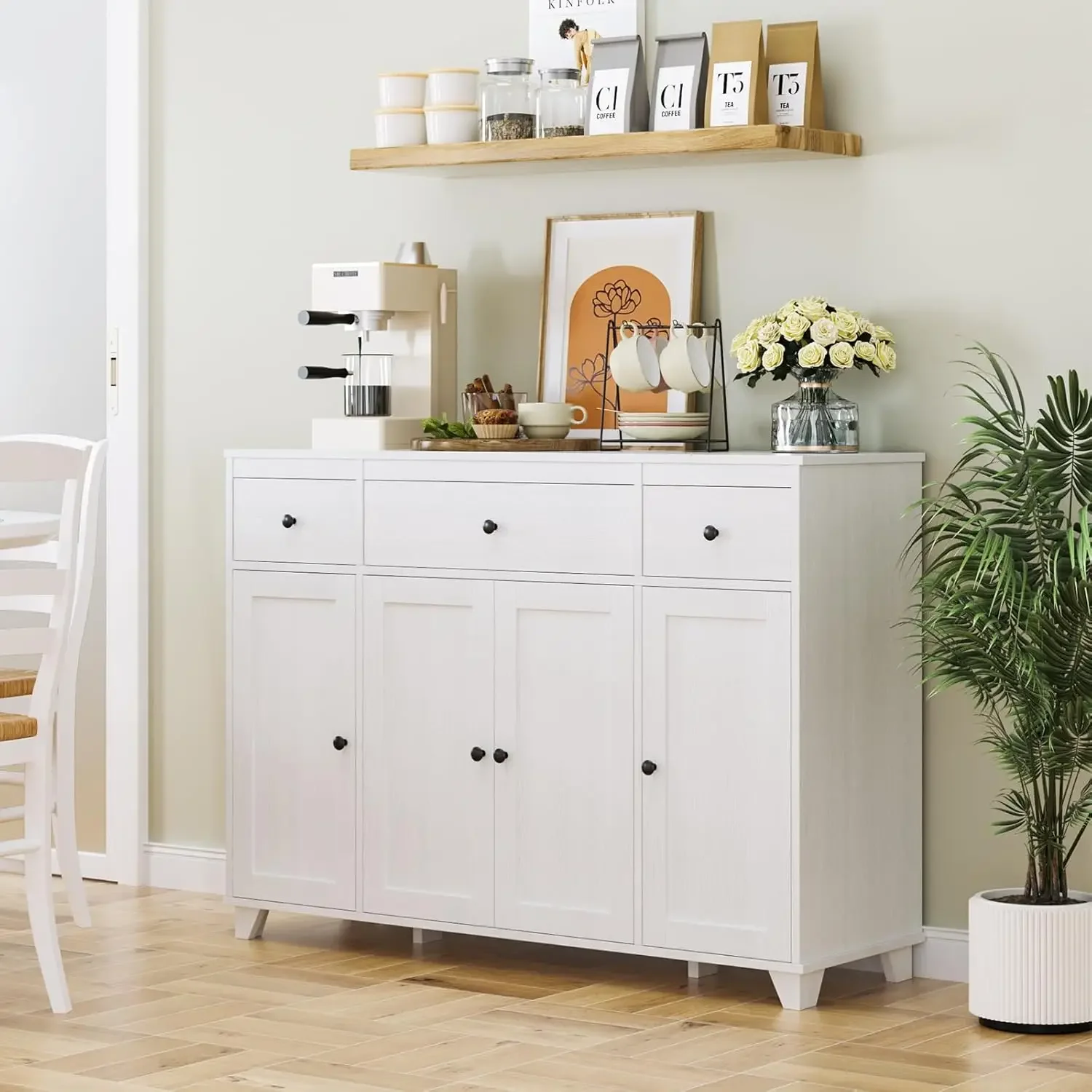 Buffet Cabinet White Sideboard Storage Cabinet with 3 Drawers & 4 Doors Adjustable Shelves, 47” Modern Coffee Bar Cabinet, Wood