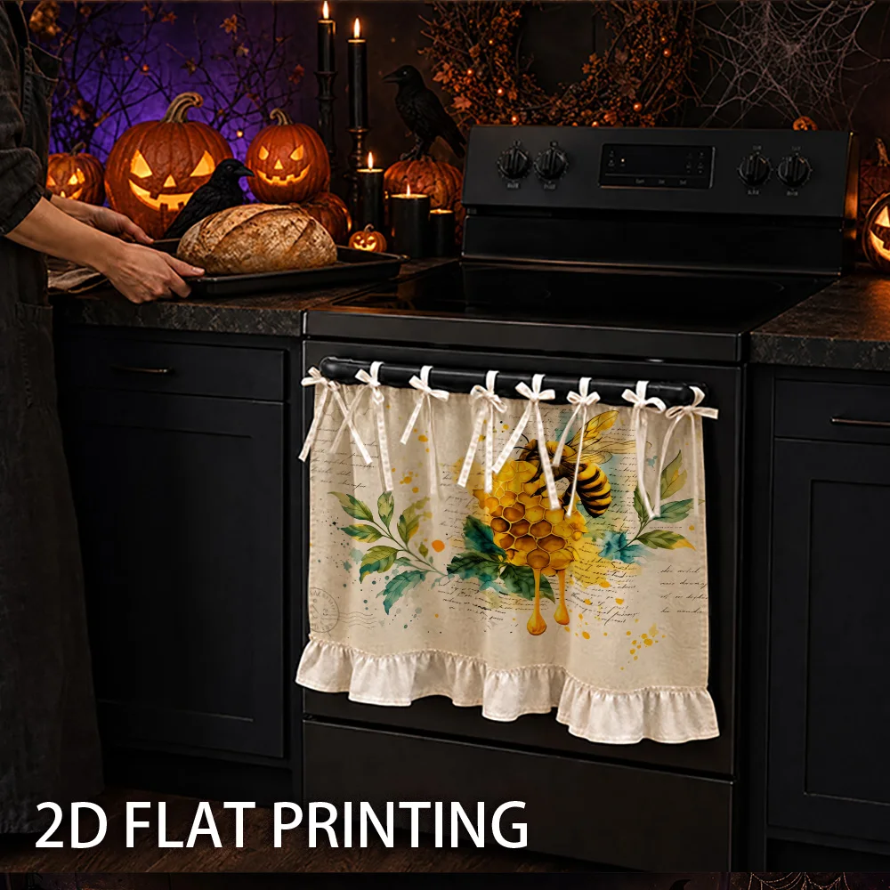 1PC kitchen stove curtain, cabinet curtain, apron. Features a 2D graphic print design featuring a bee, honeycomb and leaf print.