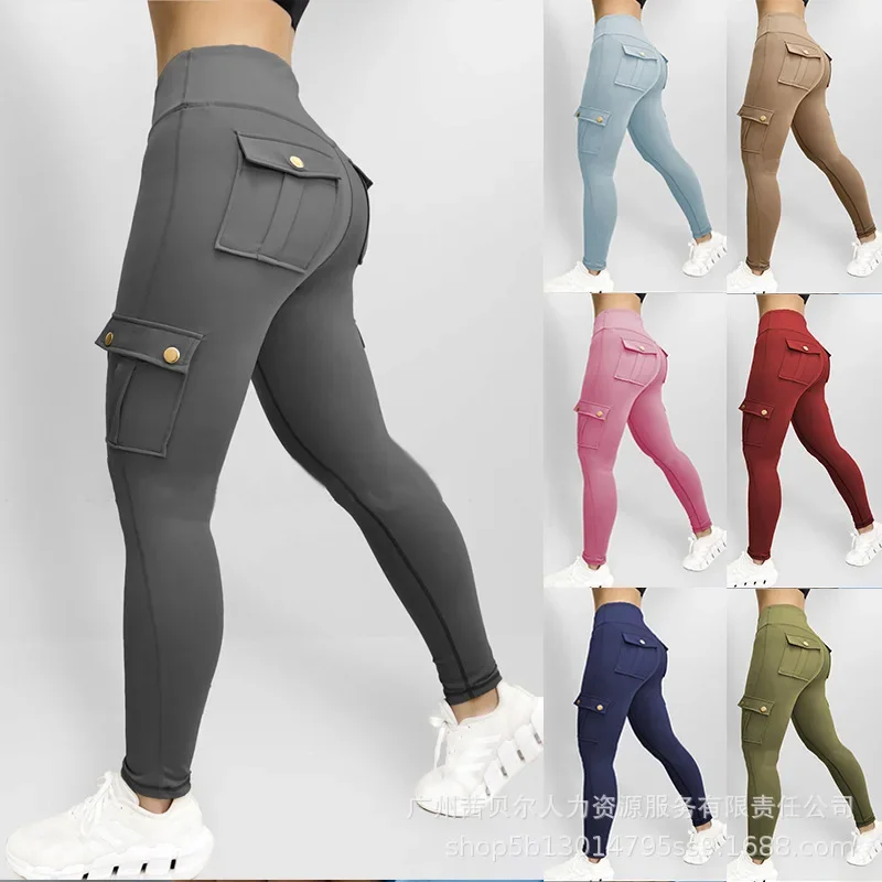 

Women Bodycon Pant Ankle Length Leggings High Waist Cargo Pants Elastic Waist Capris Pockets 2025 Joggers Streetwear Yoga Pants