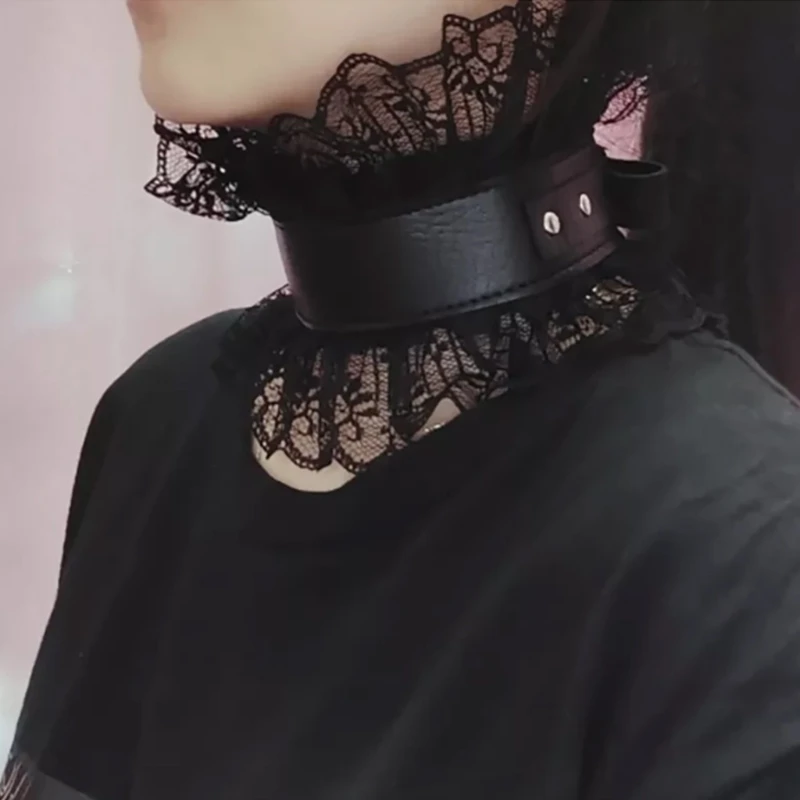 Women Vintage Fake Collar Gothic Black Faux Leather Ruffled Floral Lace Choker Necklace Victorian Neck Ruff