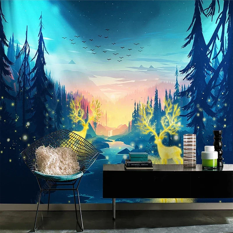 Nordic Watercolor Hand Painted Golden Elk Forest Mural 3D Wallpaper Living Room TV Sofa Bedroom Home Decor Wall Cloth Fresco